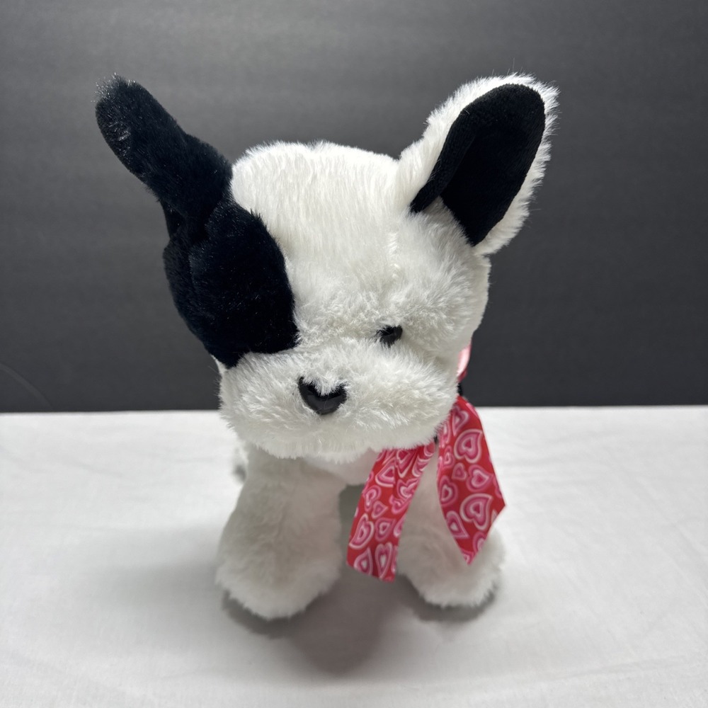 Walmart Black White Frenchie Puppy Dog Plush Stuffed Animal Toy Heart Bow Stands